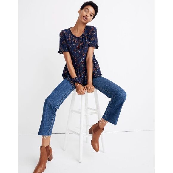 ✨Madewell Silk Stanza Ruffle-Hem Sz Large Top in Moonless Floral✨ - Picture 1 of 8